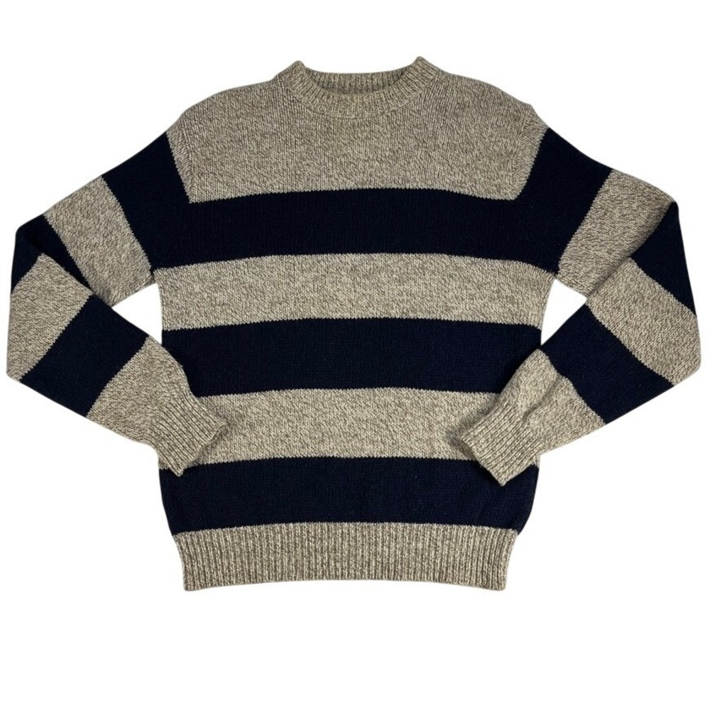 Vintage 80s LL Bean Ragg Wool Sweater Mens L Made USA Oatmeal Navy Stripe